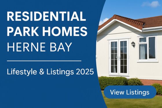 Promotional banner showing residential park homes in Herne Bay with 2025 lifestyle appeal
