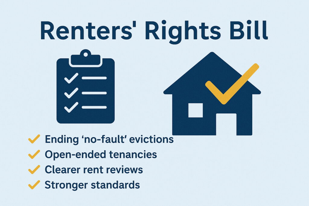 Infographic explaining the UK Renters’ Rights Bill with a checklist and house icon, highlighting no-fault eviction changes, open-ended tenancies, and stronger rental standards