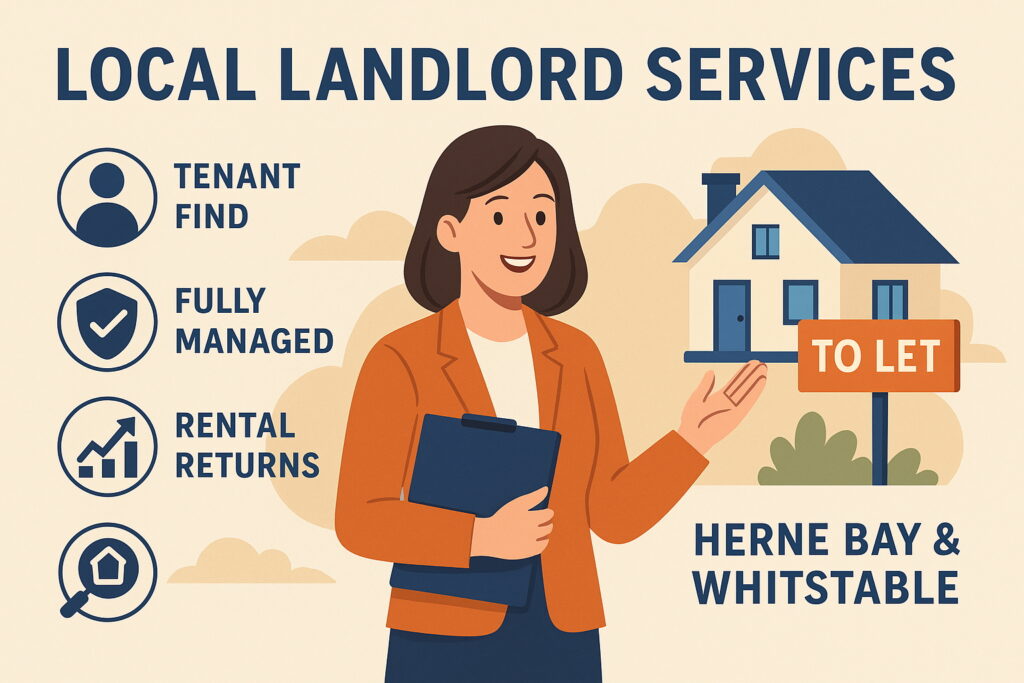 Illustration of local landlord services in Herne Bay and Whitstable showing a letting agent, rental property and service icons for tenant find, fully managed and rental returns