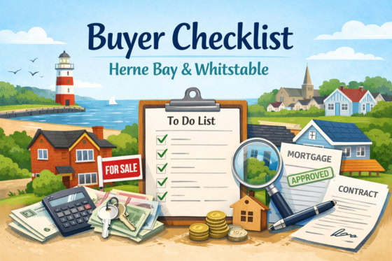 Buyer checklist illustration for home buyers in Herne Bay and Whitstable, showing houses, keys, paperwork and a coastal property scene.
