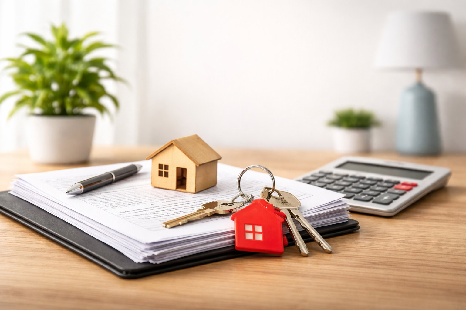 House keys, paperwork, calculator and a small wooden house model showing the home buying process