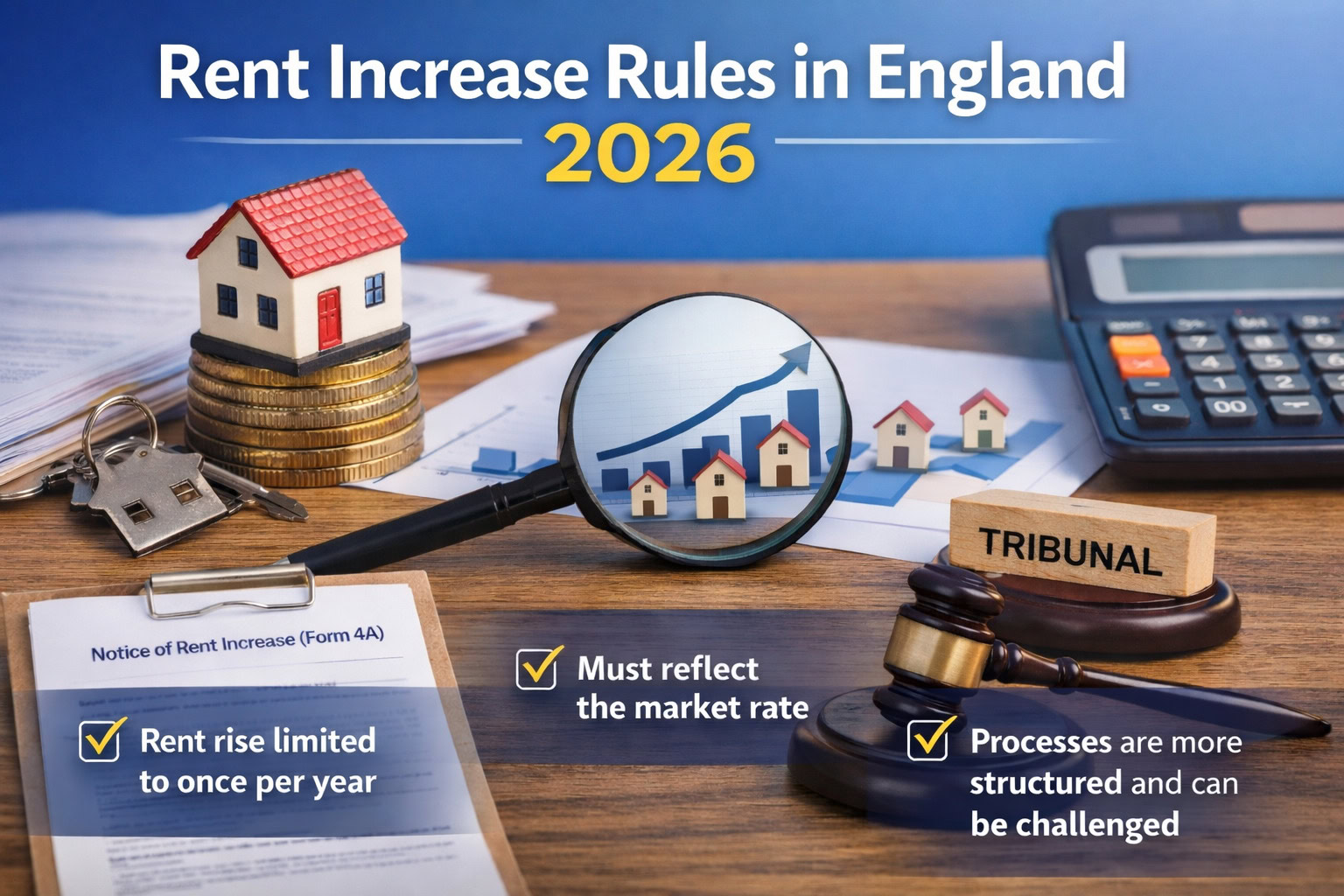 Illustration for a blog about rent increase rules in England in 2026, showing a house on coins, a rent increase form, market graph, calculator and tribunal gavel