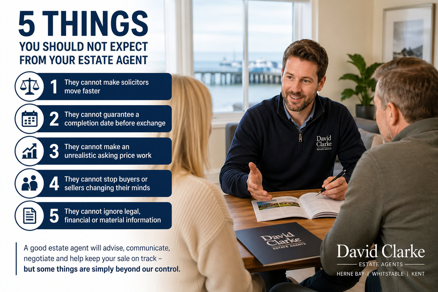 Estate agent speaking with clients beside a five-point guide explaining what sellers should not expect from their estate agent in Herne Bay, Whitstable and Kent.