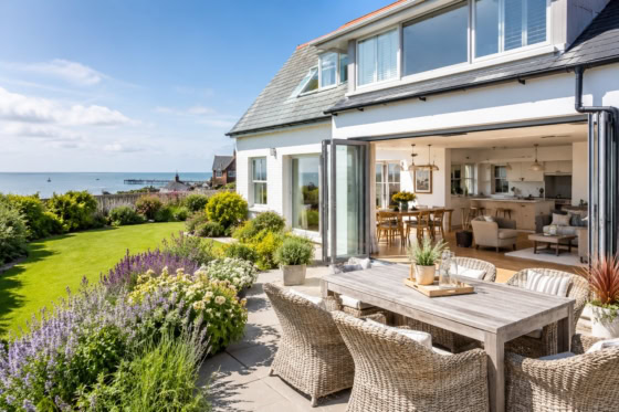 Sunny coastal home with bifold doors, landscaped garden and outdoor seating, highlighting summer property features that can add value in Herne Bay and Whitstable