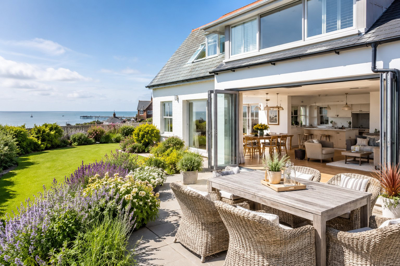 Sunny coastal home with bifold doors, landscaped garden and outdoor seating, highlighting summer property features that can add value in Herne Bay and Whitstable