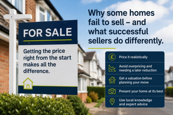 For sale sign outside a home with advice on why some homes fail to sell and how successful sellers price and present their property