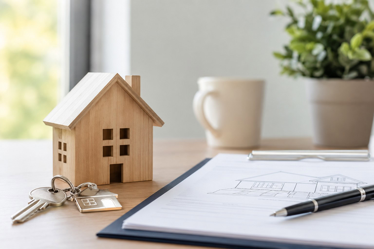 Wooden house model, keys and property documents representing proposed homebuying reforms in the UK
