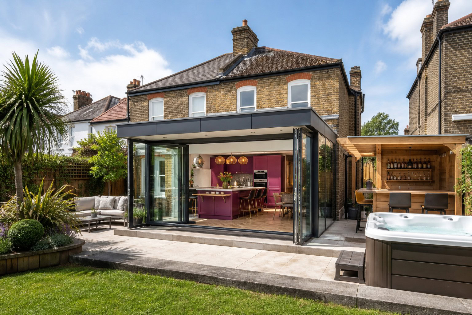 Extended British home with a modern glass kitchen, garden bar and hot tub