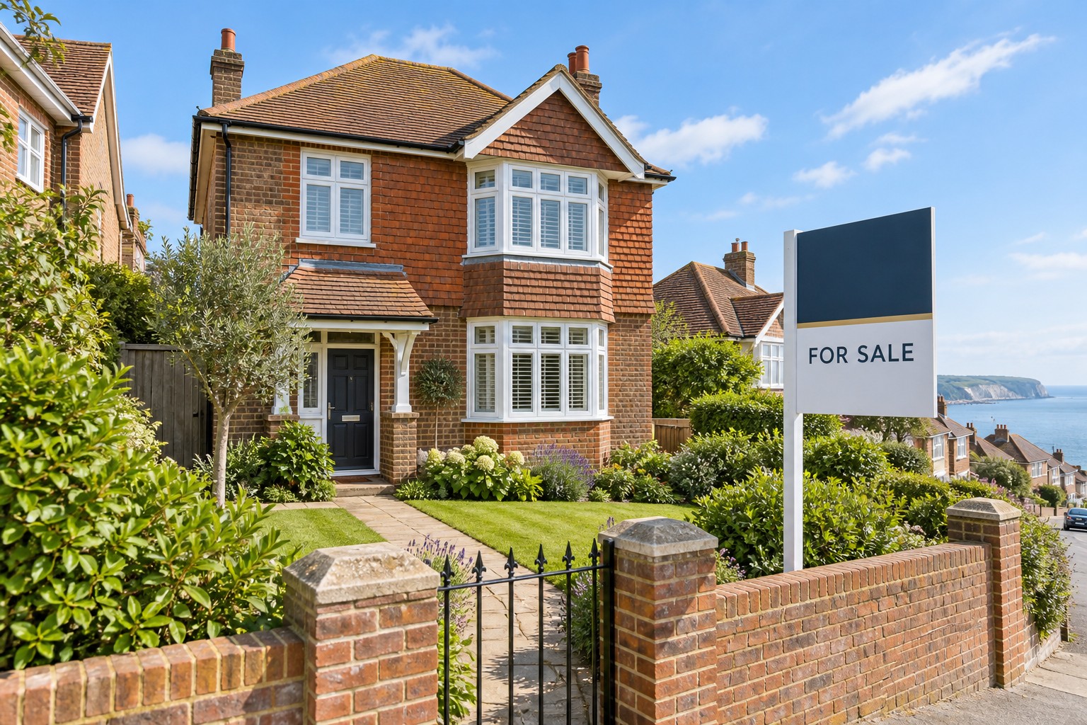 Well-presented UK coastal home with a tidy garden and a For Sale sign