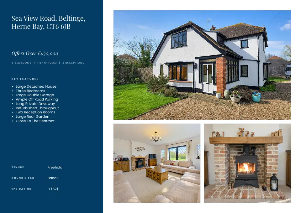 Brochure overview page with key features and photographs of the lounge and wood burner