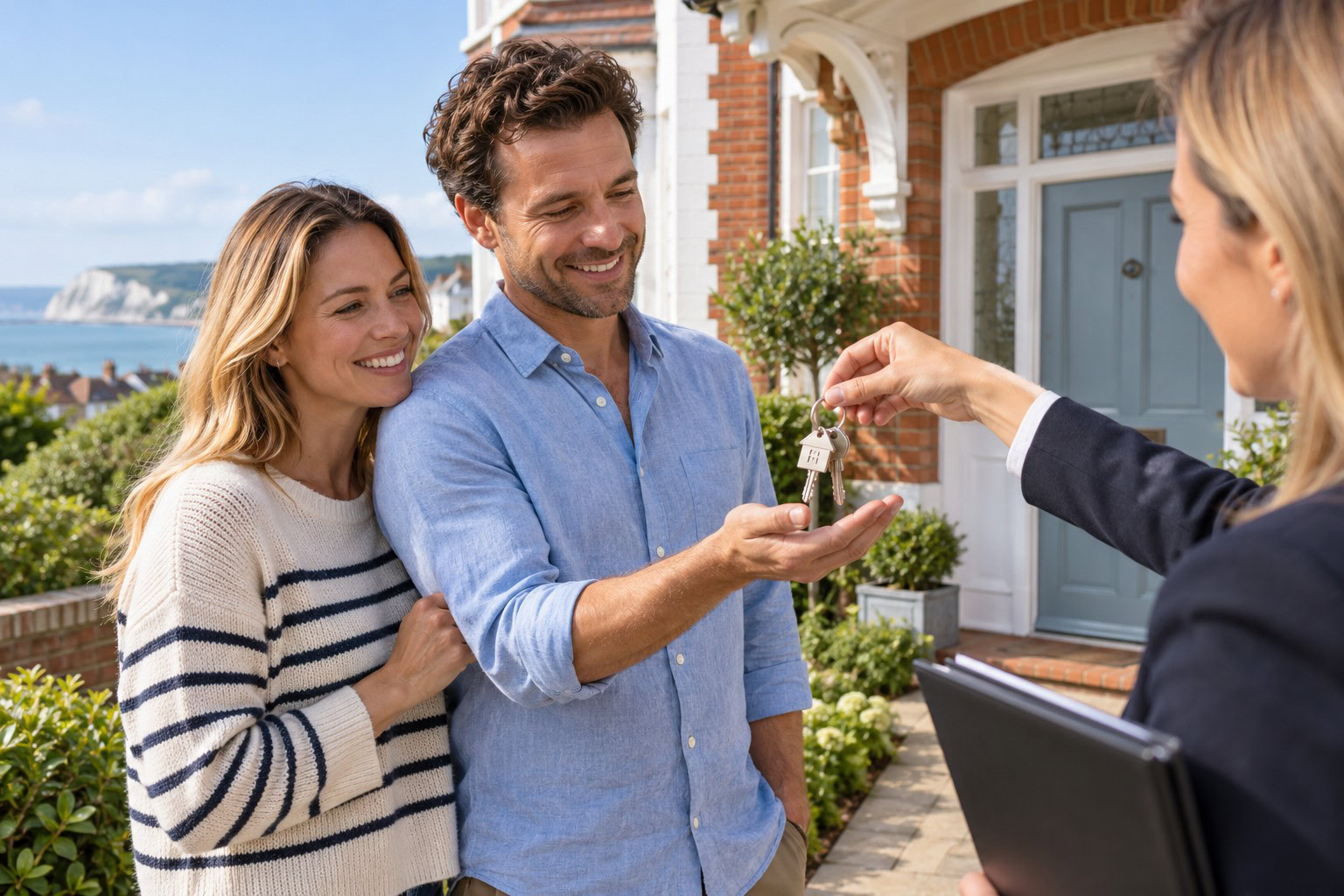 Estate agent handing house keys to buyers after same-day exchange and completion